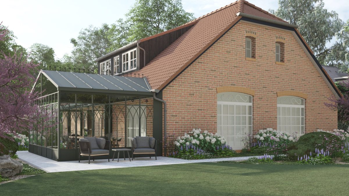 3D-Visualisierung einer Terrasse mit überdachtem Sommergarten am Bauernhaus, davor Staudenbeete