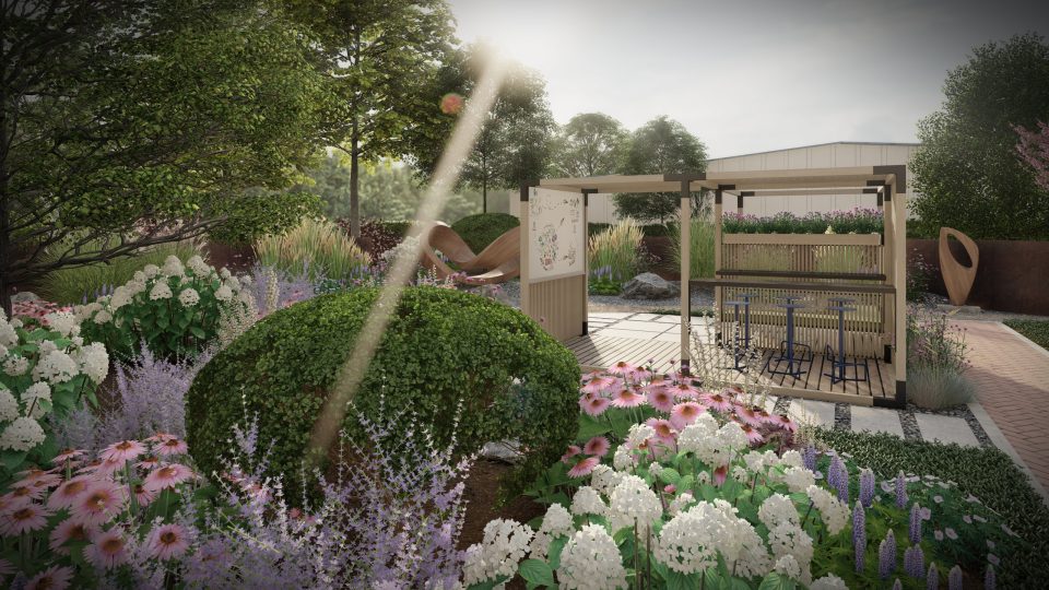 3D-Visualisierung eines Firmengartens mit Arbeitsplatz unter einer Holzpergola zwischen blühenden Stauden